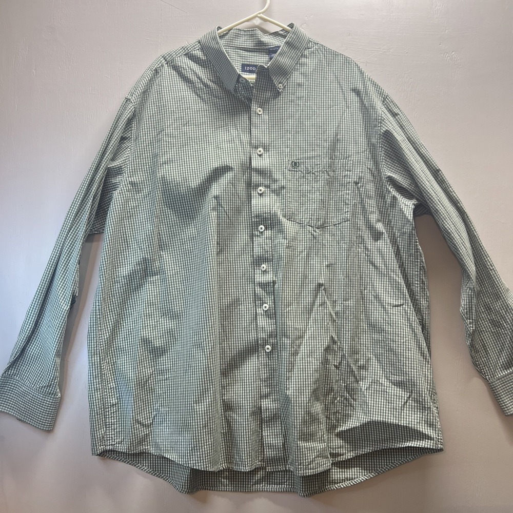 IZOD Shirt Men's 3XL‎ Long Sleeve Button Down Green White Gingham Cotton